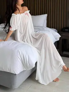 Meghana Women Charming Sheer Mesh Off Shoulder Ruffle Hem Long Nightgown Pajama