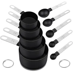 Measuring Cups and Spoons Set, 10 Pieces Nesting Measure Tools, Kitchen Essentials Gadgets with Stainless Steel Handle for Dry & Liquid Ingredient, Black