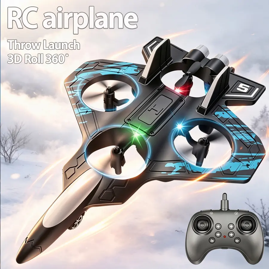 RC Foam Stunt Glider Fighter Plane, Remote Control Quadcopter with Gravity Sensor, Circle Flight & 360° Roll, Durable Hobby Toy