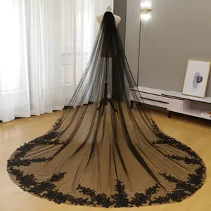 Sheer Black Tulle Bridal Veil | Gothic Floral Lace Embroidery