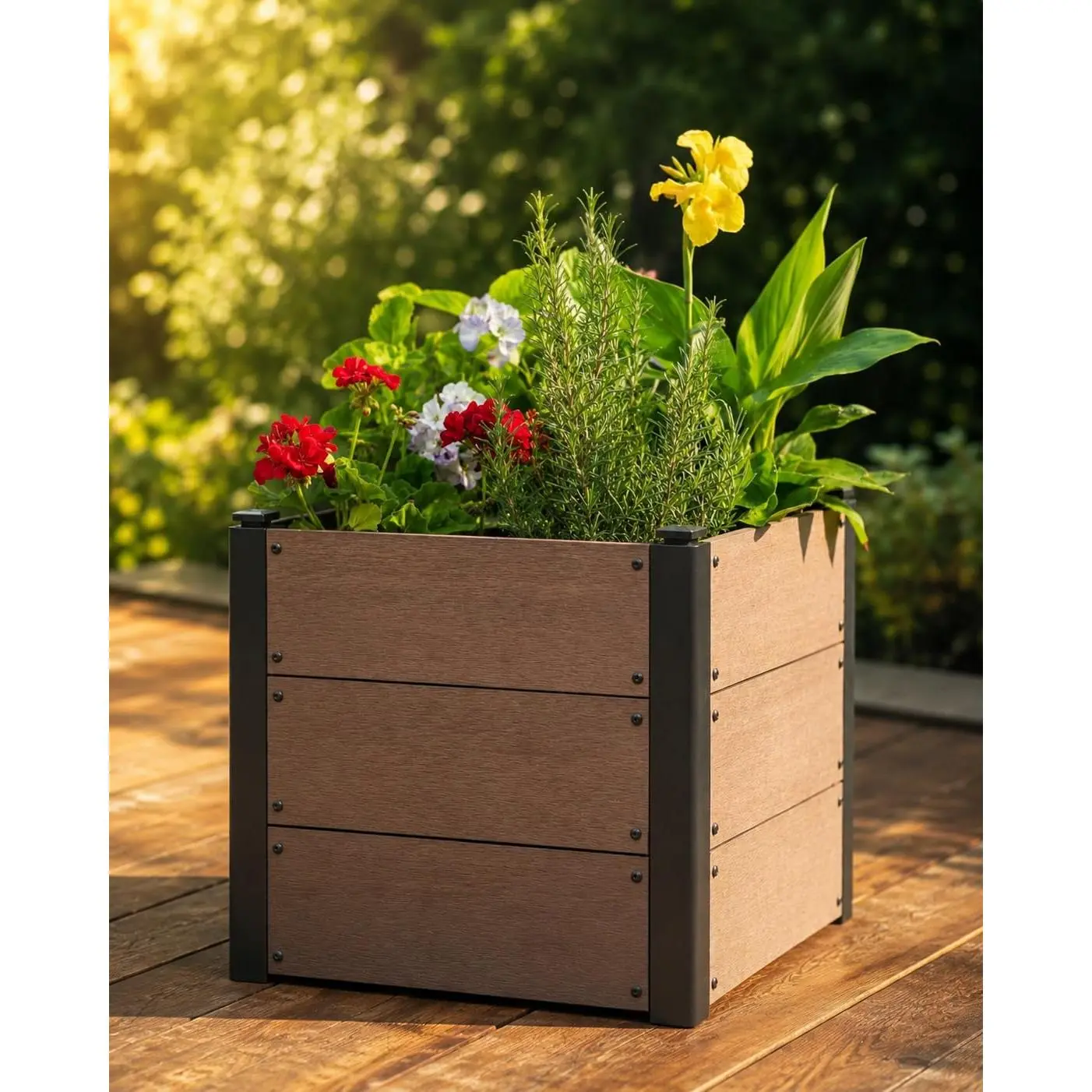 Raised Garden Bed with Bottom, 19 x 19 x 18 in Wood Plastic Composite Outdoor Planter Box, Wood Look Square Raised Planter Box for Vegetables, Herbs, Flowers, Plants and Patio Gardening, Brown