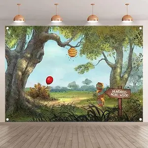 Fabric Hunny Cartoon Spring Forest Photography Backdrop Sweet Honey Bear Background Bee Acre Red Balloon Wood Birthday Photo Tapestry