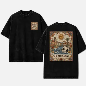 Oversized Vintage Washed Black Tee, Spain 2026 Mediterranean Tile Art Soccer Graphic T-Shirt, Casual Streetwear for Men Women, Breathable Cotton, Limited Stock! tshirt