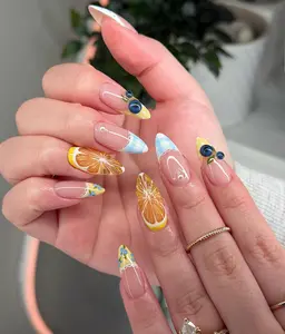 Summer Citrus Fruit Press On Nails Almond Shape  Handmade Orange Slice Blueberry Nail Art with Gingham French Tips  Reusable Glossy Acrylic False Nails  Cute Picnic Inspired Nail Set for Women