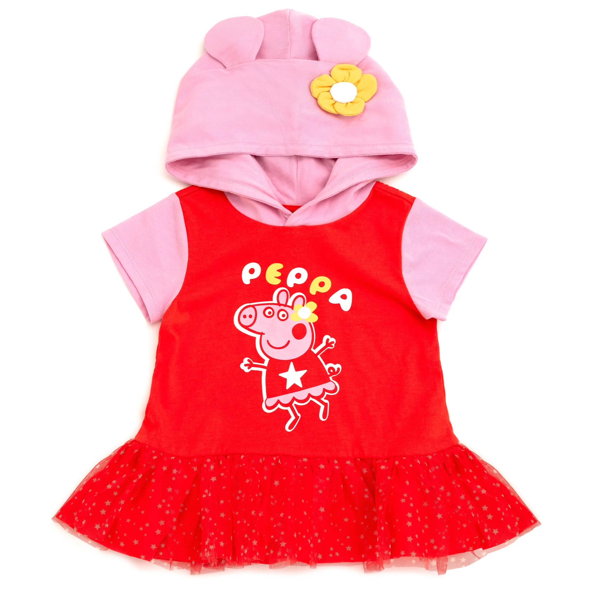 Peppa Pig Girls' Playful Hooded Neck Short Sleeve Pullover Shirt, Graphic Print, Interactive Ears, Tulle Ruffled Hem, Red Pink, Toddler-Little Kid, Soft Cotton