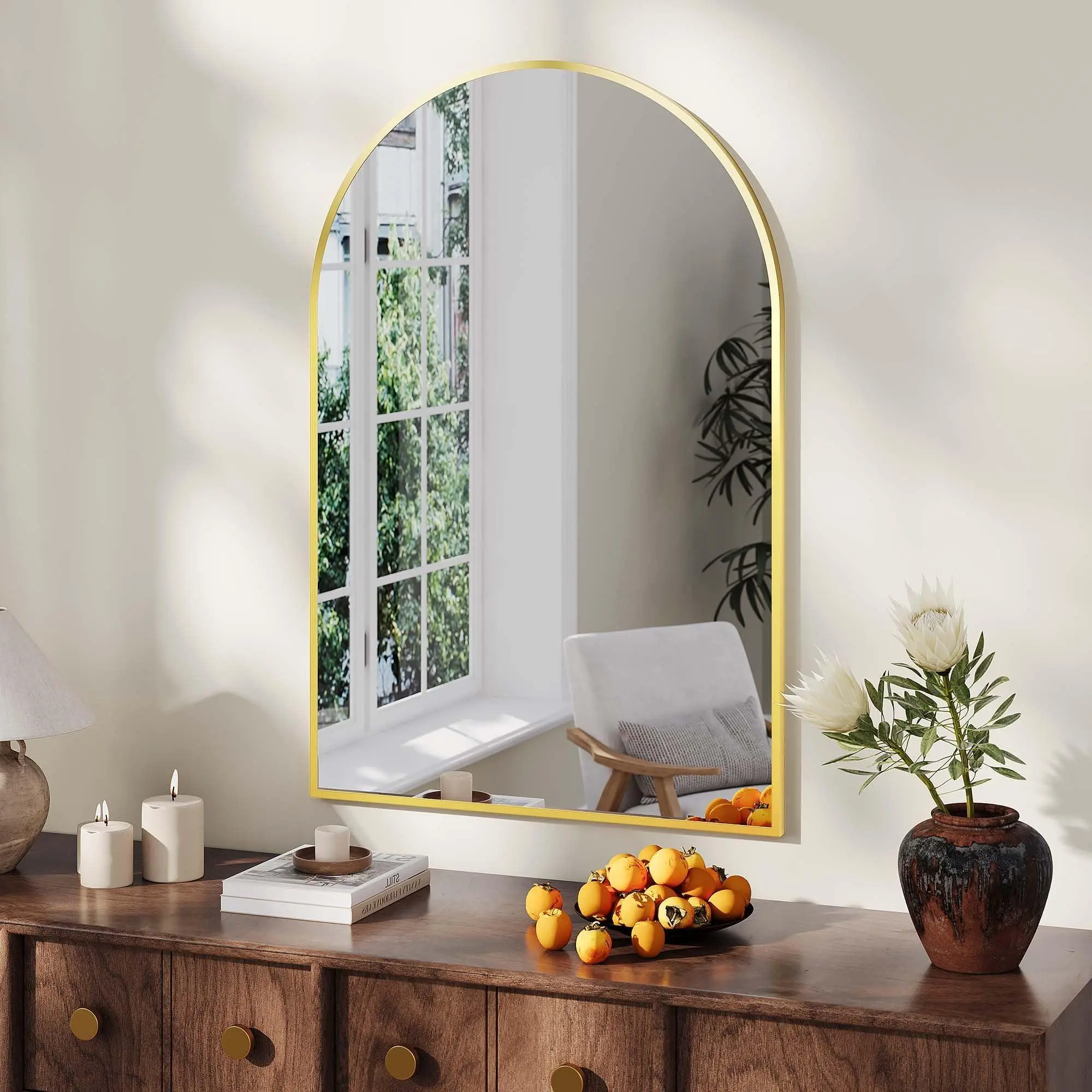 GAOMON Arched Wall Mirror, 26x38 '' Bathroom Mirror, Wall Mounted Vanity Mirror for Hanging or Leaning Use, Modern Bathroom Vanity Mirror for Bedroom, Living Room, and Bathroom, Gold