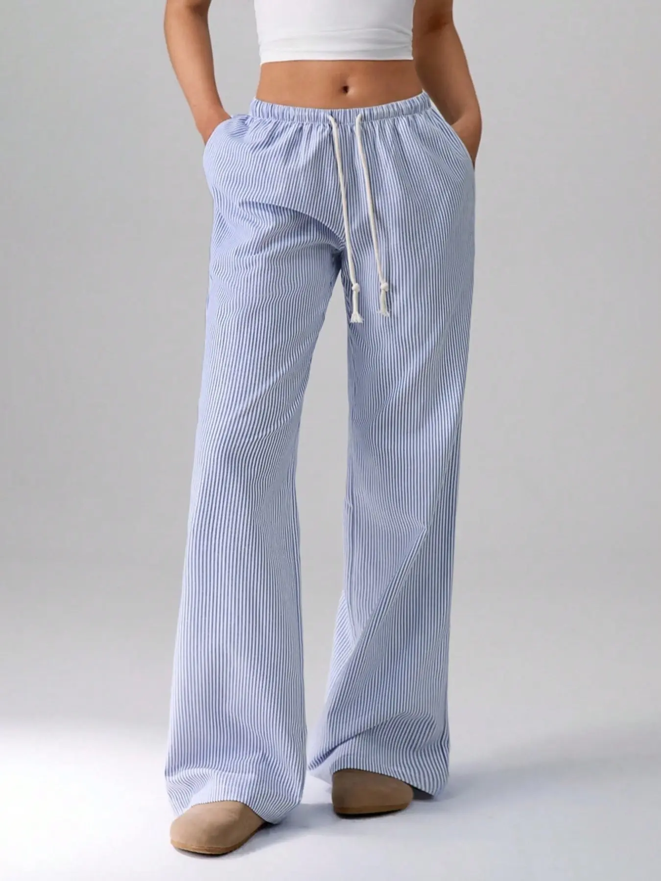 Tall Women Striped Low Waist Drawstring Wide Leg Casual Lounge Pants, Casual Loose Fit Straight Leg, Side Pockets, Versatile Fashion, Casual Chic Bottoms, Casual Fashion Trousers, Casual Comfy Trousers
