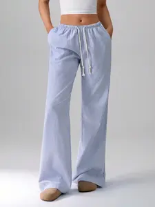 Tall Women Striped Low Waist Drawstring Wide Leg Pants, Casual Loose Fit Straight Leg, Side Pockets, Versatile Fashion
