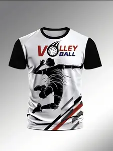 Volleyball Theme Sporty Short Sleeve Men's Quick-Dry Breathable Training Top, Youth Volleyball Match Shirt, Fitness Outdoor Casual Wear