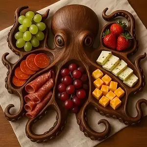 Unique Octopus Shaped Wooden Serving Platter,Sustainable Design for Cheese, Meat,and Fruits, Perfect Gift for Seafood Lovers and Party Hosting Plates
