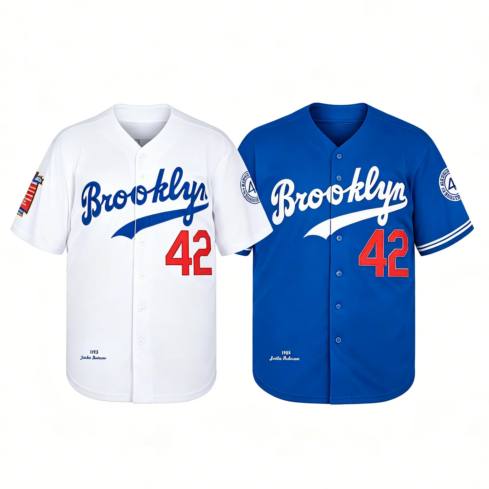 Men's Brooklyn #42 Stitched Button Up Varsity Baseball Jersey, 2 Color White & Royal Blue Mesh Short Sleeve Uniform, Vintage Loose Fit Sport Shirt for Summer Training, Streetwear & Casual Daily Outfits