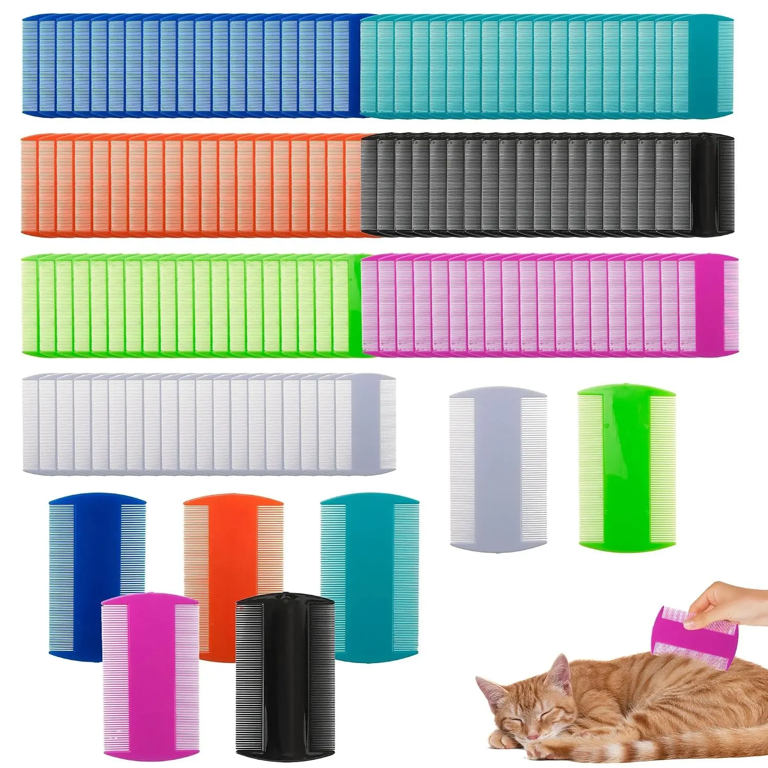 140-Pcs Double-Sided Plastic Flea Tick Lice Grooming Comb Set with Flea Removal for Cats, Small Pets, 7-Color Pack