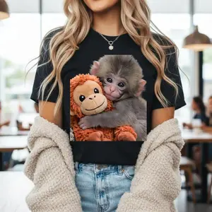 Women & Girls Everyday Streetwear Crewneck Tee| Black Monkey Plush Toy Graphic Fashion Top#TeamPunch#Punchthemonkey