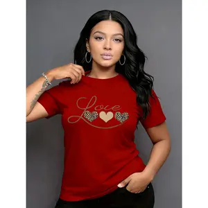 Women's 100% Cotton Oversized T-Shirt - Smooth Fabric, Round Neck, Short Sleeve, Leopard Print Heart Design, Versatile, Suitable for Spring & Summer, All-Season Casual Top