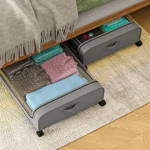 Under Bed Storage Box Organiser with Wheels, Large Capacity Transparent Lid, Rolling Drawer for Clothes Shoes Toys, Maximize Under Bed Space