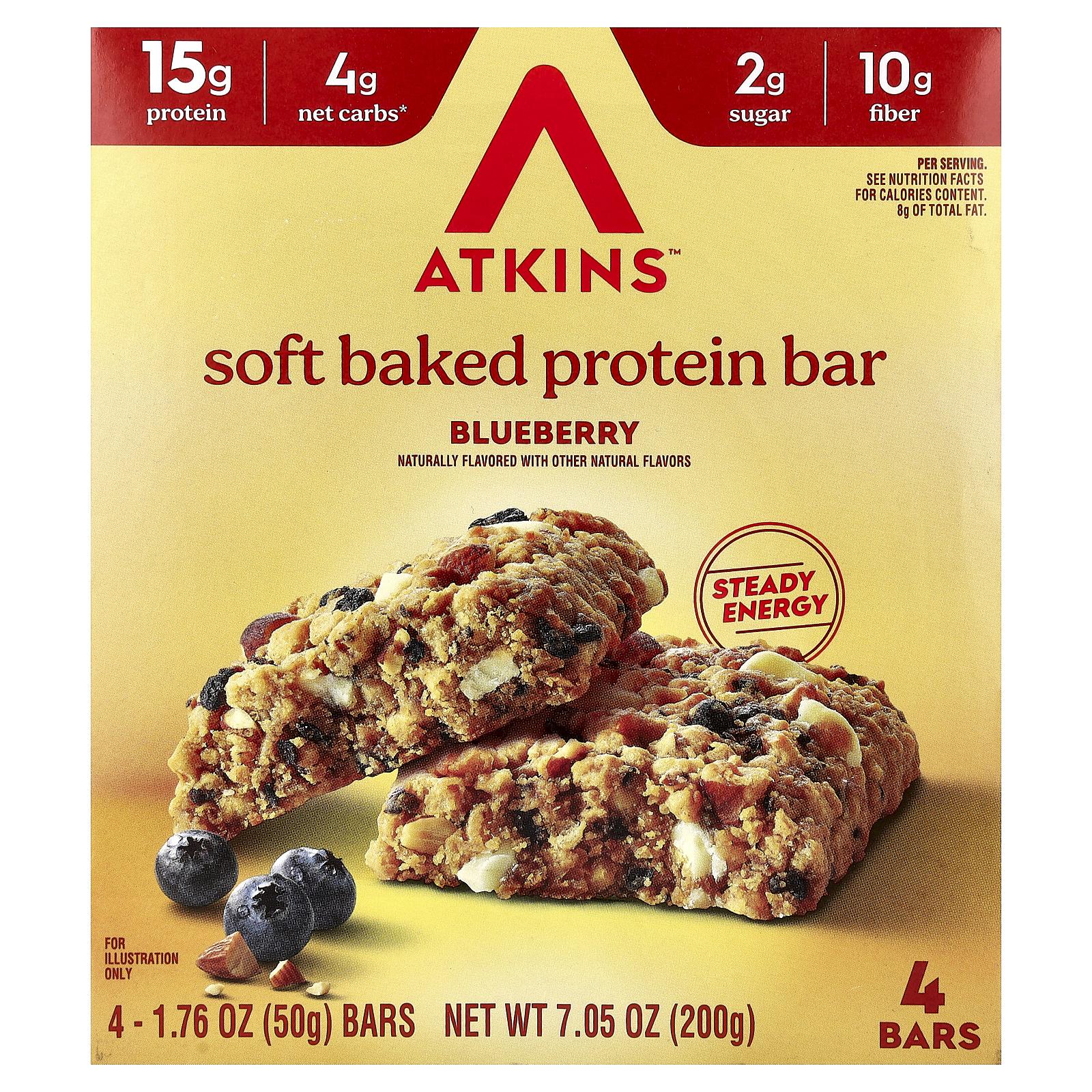 Atkins Soft Baked Protein Bar, Blueberry, 4 Bars, 1.76 oz (50 g) Each