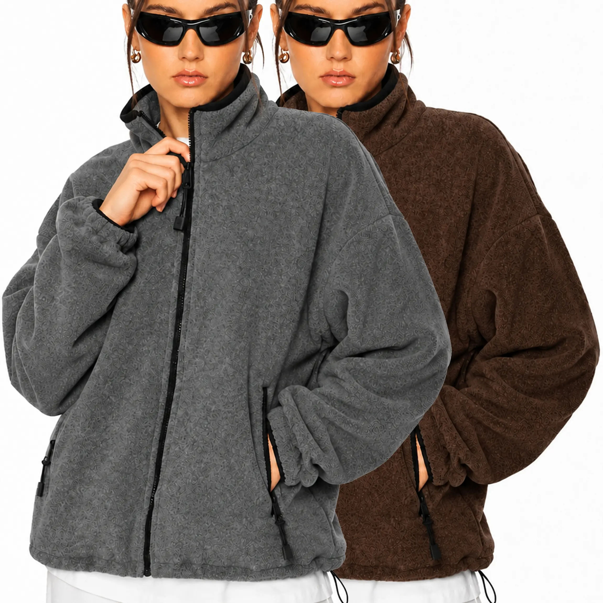Buenoble Women’s Oversized Fleece Zip Up Jacket High Neck Textured Coat with Zipper Pockets & Adjustable Hem Buenoble Women’s Oversized Fleece Zip Up Jacket High Neck Textured Coat with Zipper Pockets & Adjustable Hem