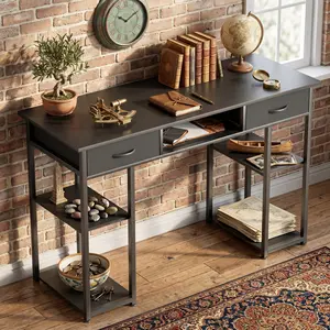 Modern Simple Small Computer Desk, Home Office Writing Table with Storage Side Bag, Headphone Hook, Metal Frame & Adjustable Feet, Perfect for Bedroom Study