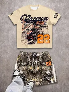 Aesthetic Racing Graphic Tee Print & Camo Shorts Set Men's Casual Summer Streetwear Streetwear Motorsport, Retro Racing, Woodland Camo, Vintage Distressed, Edgy Casual
