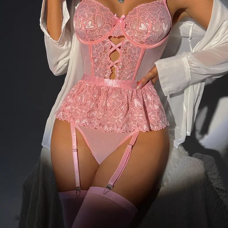 Women's Contrast Lace Criss Cross Backless Sheer Sexy Stretch Fit Lingerie Underwear Three-Piece Set, Lingerie Outfits, Spaghetti Strap Cut Out Bow Decor Contrast Mesh Cami Bodysuit & Stockings Set for Daily Wear, Lingerie for All Seasons