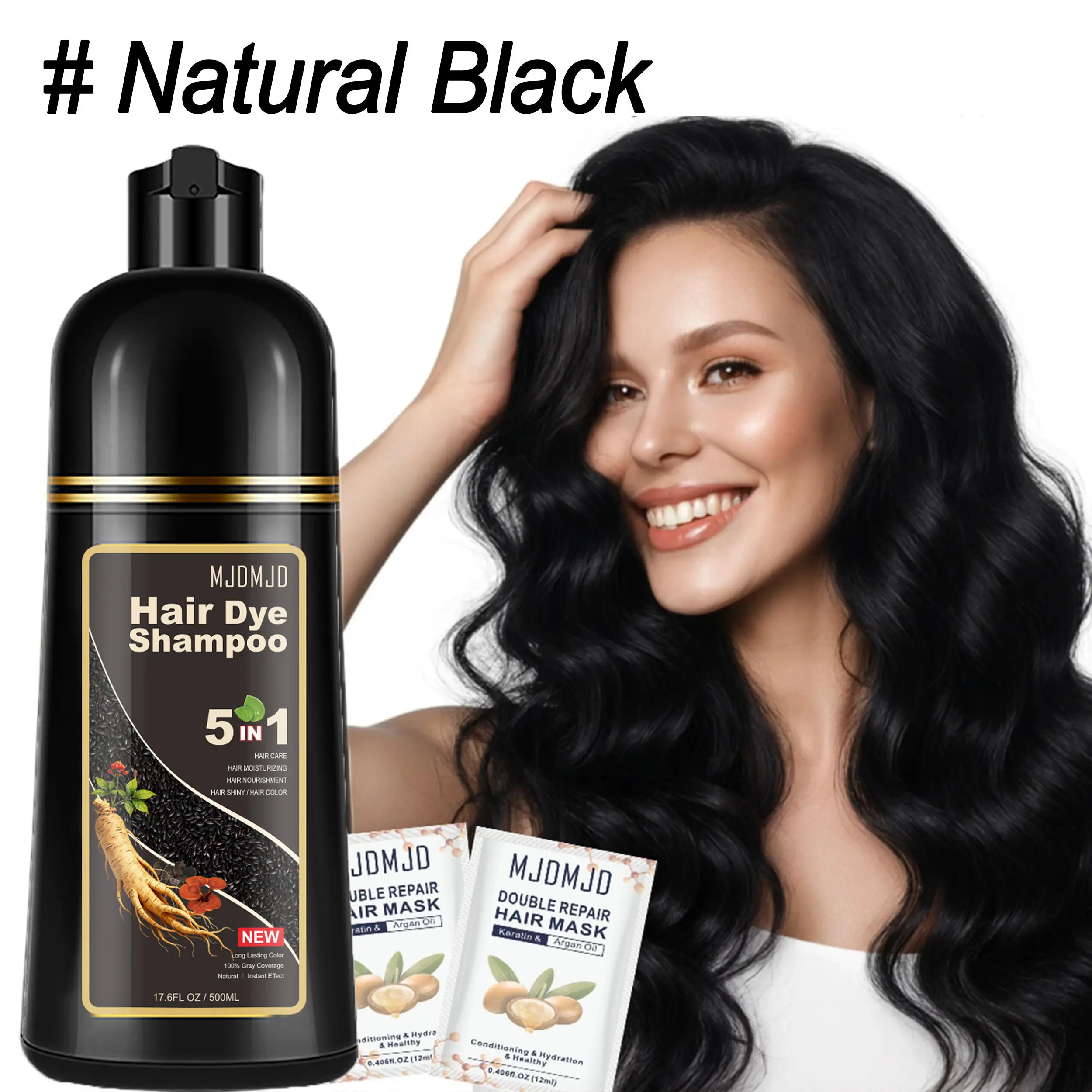 17.6 oz MJDMJD 5-in-1 Black Hair Color Shampoo,With 24 ml Hair Mask,Hair Color & Conditioner,Natural Herbal Ingredients,100% Cover Gray Hair,Gentle Formula,Long-Lasting,Unisex,Suitable for All Hair Types,Champú para cabello gris