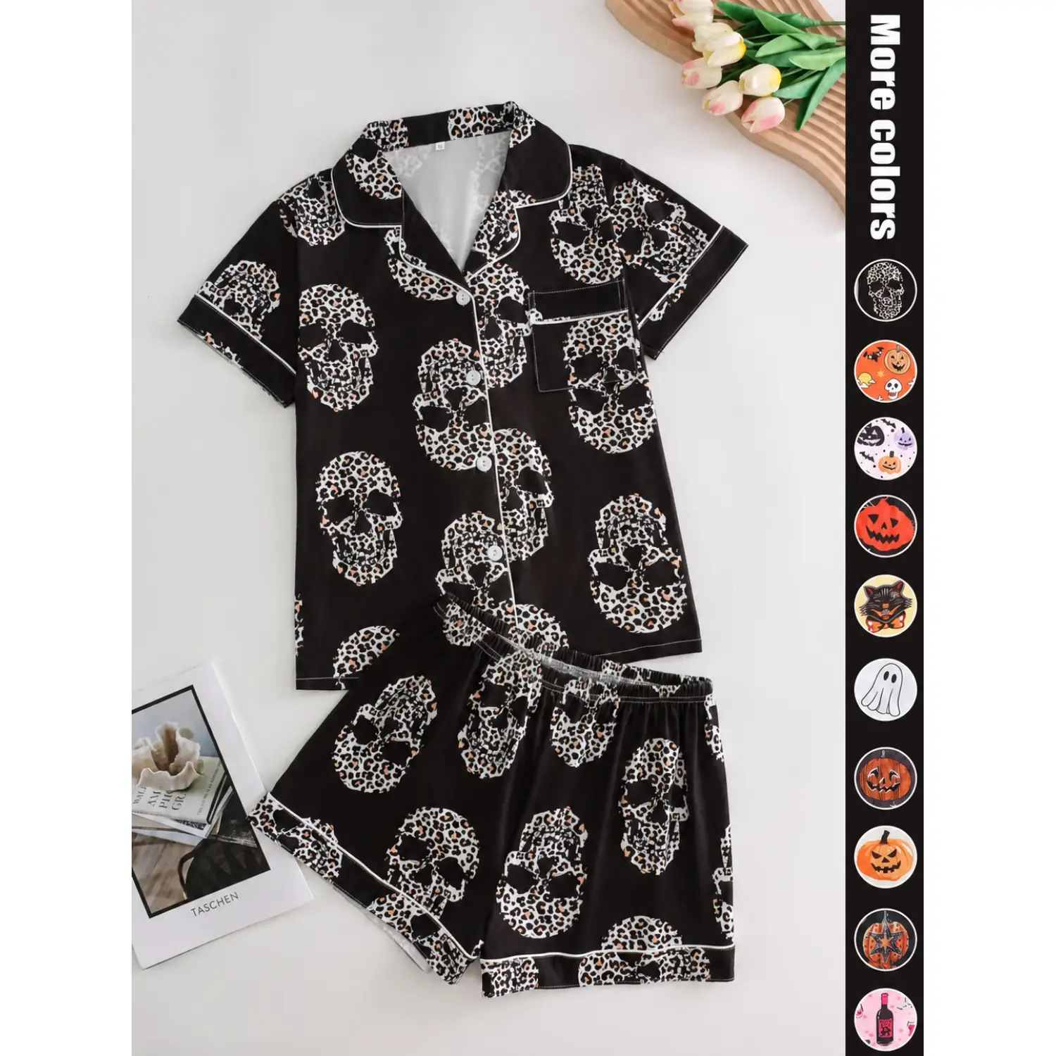 Women's Skull Print Pajama Set, Button-Up Short Sleeve Collared Top & Relaxed Shorts, Adorable and Comfy Sleepwear