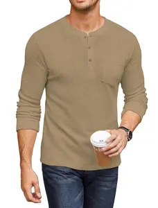 COOFANDY D Men's Henley Shirts Long Sleeve Basic Waffle Pique Pullover T-Shirt with Pocket