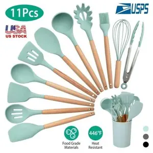 12-Pcs Kitchen Silicone Utensils Set with Heat Resist Wooden Handle water green