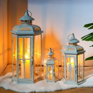 JHY DESIGN Set Decorative Lanterns Vintage Style Hanging Lantern Metal Candleholder White with Gold Brush Decoration Glass Centerpiece Ornaments Iron Lightweight