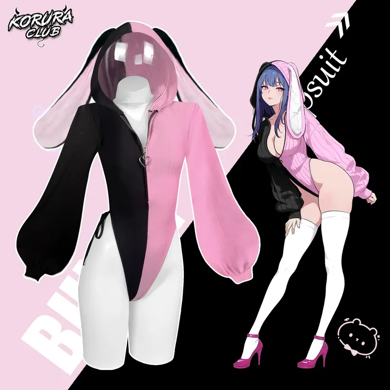 KORURACLUB KO64 Women's Lady Loose Baggy Kawaii Bunny Halloween Jumpsuit, Pink-Black 2-Tone Ribbed Knit Hooded Bodysuit with Long Floppy Rabbit Ears, Heart Zipper, Puff Sleeves, Anime Cosplay Clothes for Women
