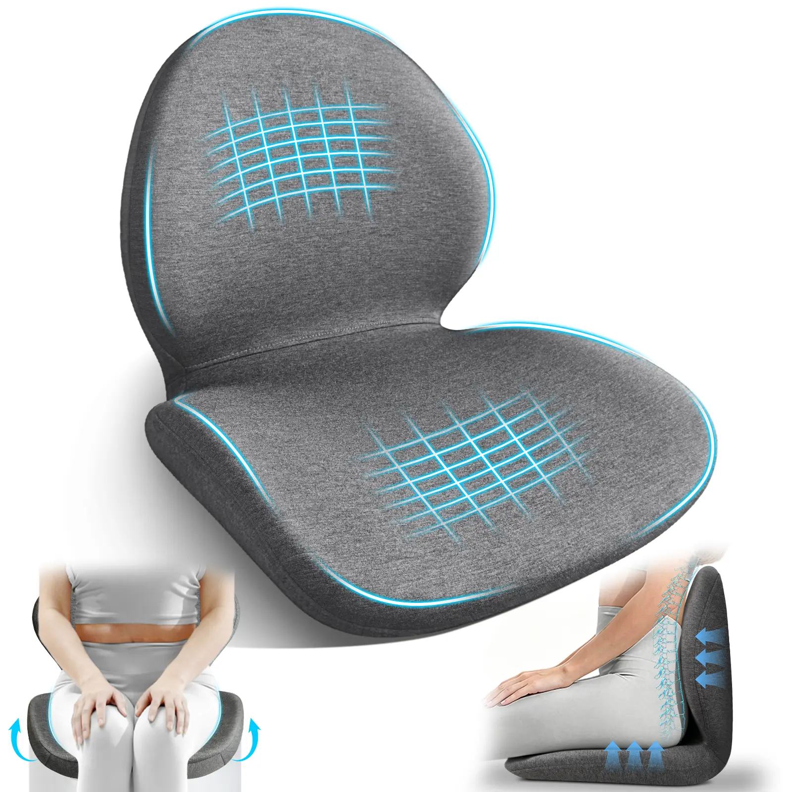 Ergonomic Memory Foam Seat Cushion with Lumbar Support, Pressure Relief for Long Sitting, Dense Foam Relieves Hip, Tailbone & Sciatica Pain, Breathable Washable Cover, Non-Slip Base, Fits Office, Home, Car & Wheelchair, Grey