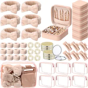 Female Non-Woven Spa Party Favors Pink Sleepover Kit - Women's Bow Headband, Wristband, Scrunchies, Hair Clip, Jewelry Case, Makeup Bag, Mirror - Bridesmaid Housewarming Return Gifts with Smart Solar LED Motion Sensor Lights