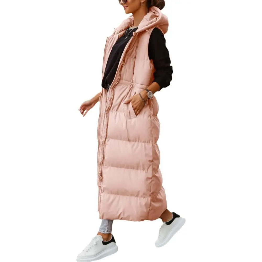 FMEYOA Women's Long Quilted Vest Hooded Maxi Length Sleeveless Puffer Vest Padded Coat Winter Outerwear