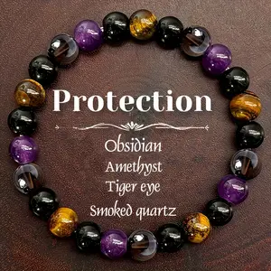 Women's Natural Stone Protection Bracelet, Natural Healing Crystal, Amethyst Crystal Obsidian Smoky Quartz Beaded Elastic Wristband, Design, Daily Wear Jewelry Gift