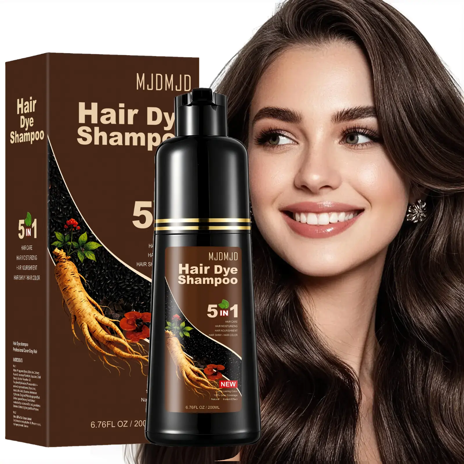 Dark Brown 5 in 1 Instant Hair Dye Shampoo, Hair Color for Grey Coverage, Natural Ingredient,Ammonia-Free,Easy Application , Long lasting,Haircare ,ideal for Men and Women,summerwins，200ml/6.76FL OZ