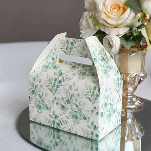 25 Pack White Green Candy Gift Tote Gable Boxes with Eucalyptus Leaves Print, Party Favor Treat Boxes - 6"x3.5"x7"