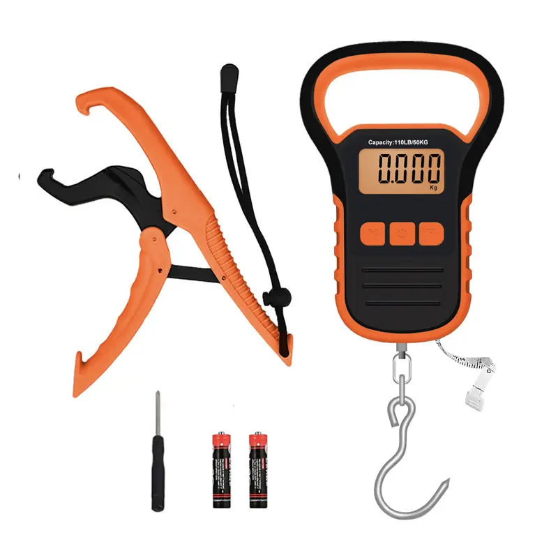 Fish Scale, Hanging Scale, Professional Fishing Scale – 110lb/50kg Capacity, with Fishing Lip Gripper, Waterproof, Backlit Night Light, LB/OZ/KG Unit Conversion, Memory Function & Measuring Tape | Portable Fish Scale Set Includes Lip Clamp, Battery