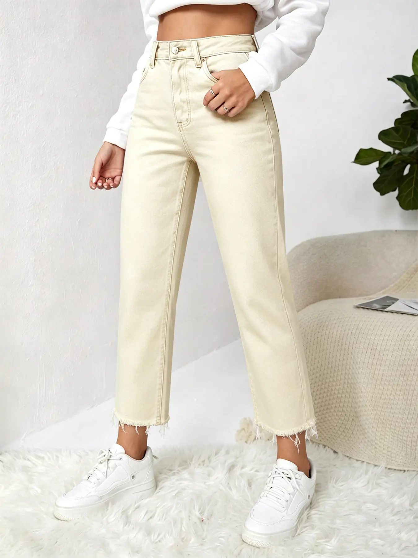 FLVSUN Women's Minimalist High-Waist Cream White Cropped Wide-Leg Denim Pants - Lightweight Bottom, Raw Frayed Hem, Loose Fit, Button Closure, Pocket, Basic All-Seasons Casual Streetwear Clothes