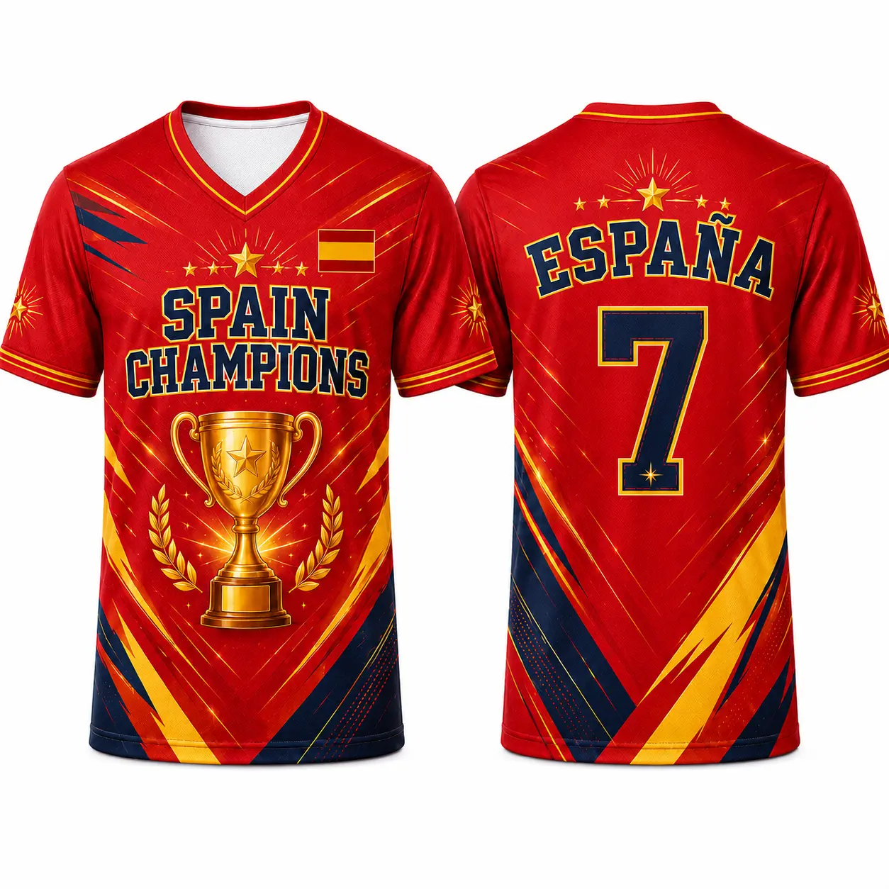 Spain-Inspired Champion Style V-Neck Sports Shirt for Men Women, Red Yellow Soccer Style Athletic Tee, Trophy Graphic Short Sleeve Game Day Top for Fans, Parties, Travel and Casual Wear