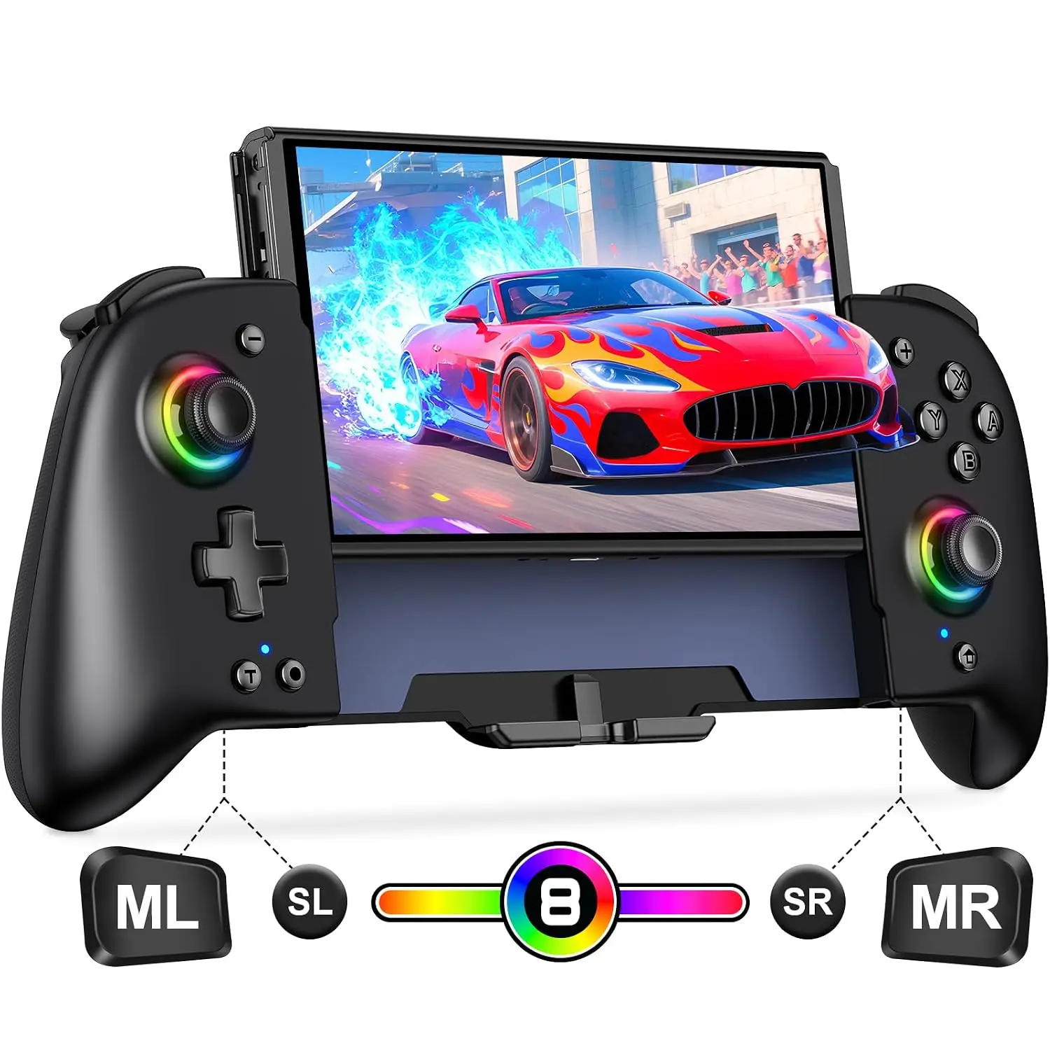 Switch Controller – Hall Effect Joysticks & Enhanced Grip – One Piece Switch Joypad Replacement Switch Pro Controller with 8-Color RGB Lighting, Turbo, Macros - Black, 6.2"/7"