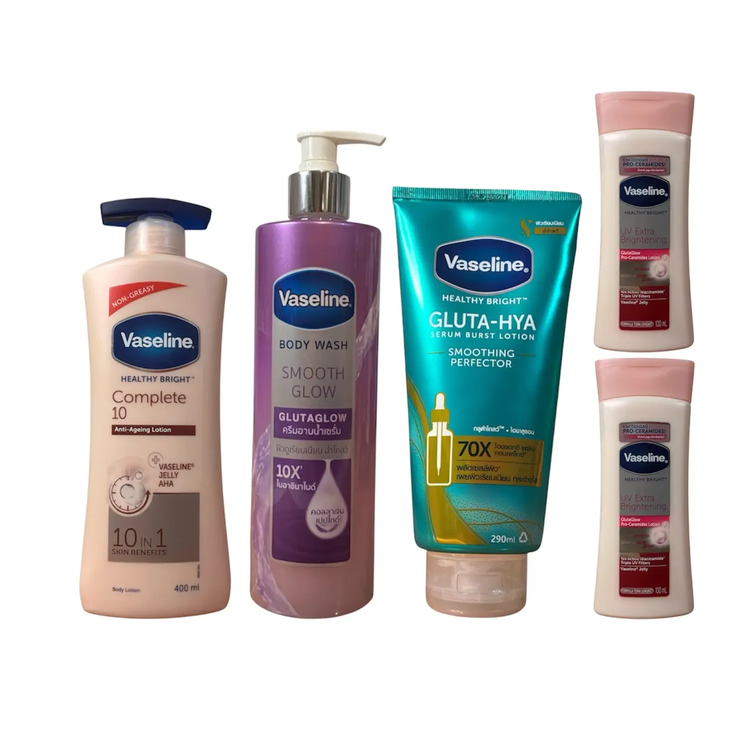 Vaseline 10in1 Serum (400mL), Smooth Glow Body Wash (425g), Gluta-Hya Smoothing Perfector (290mL) + 2 Free UV Extra Brightening Items