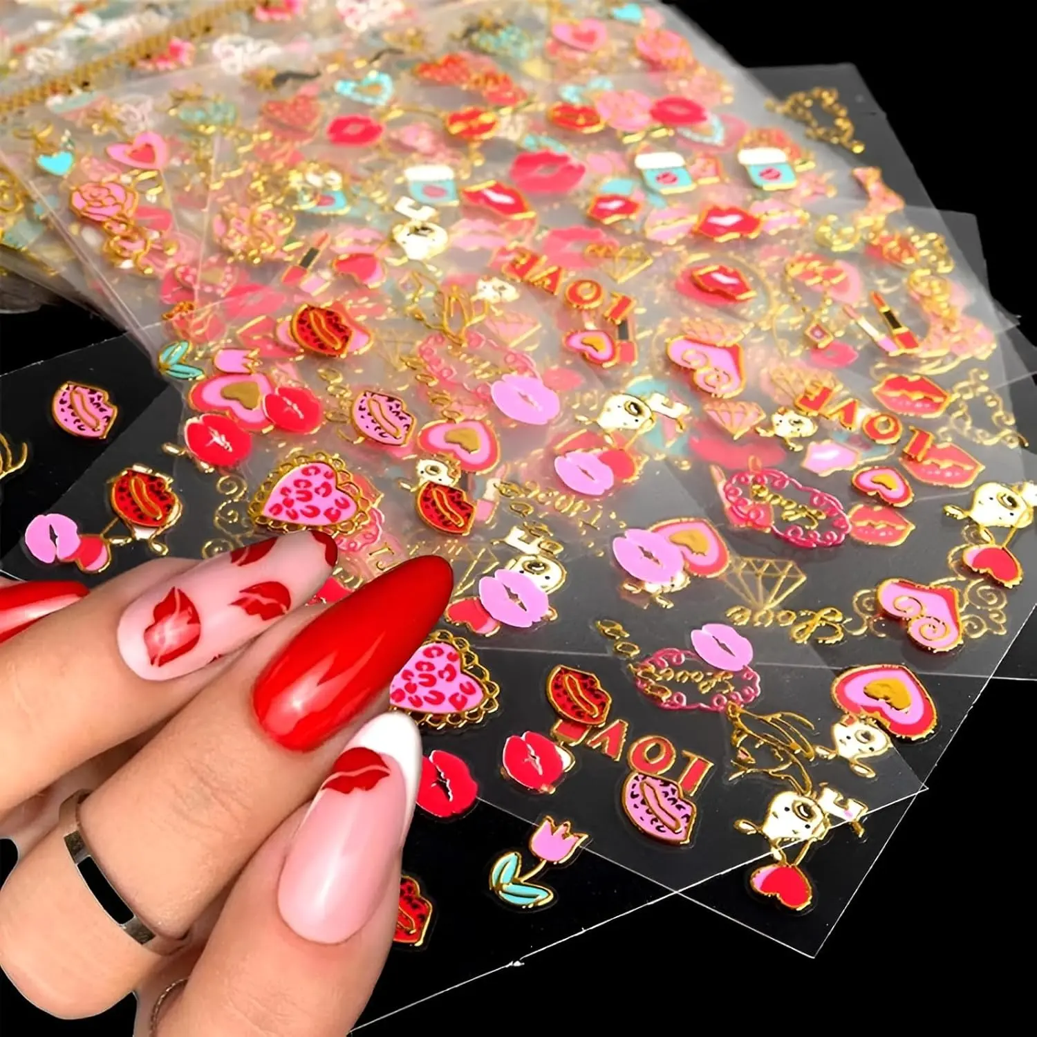 30 Sheets Valentine's Day Nail Art Stickers Heart Nail Stickers 3D Self Adhesive Lip Nail Decals Cute Nail Art Supplies Lipstick Love Red Lip Designs Valentine Nail Decorations for Women Manicure DIY