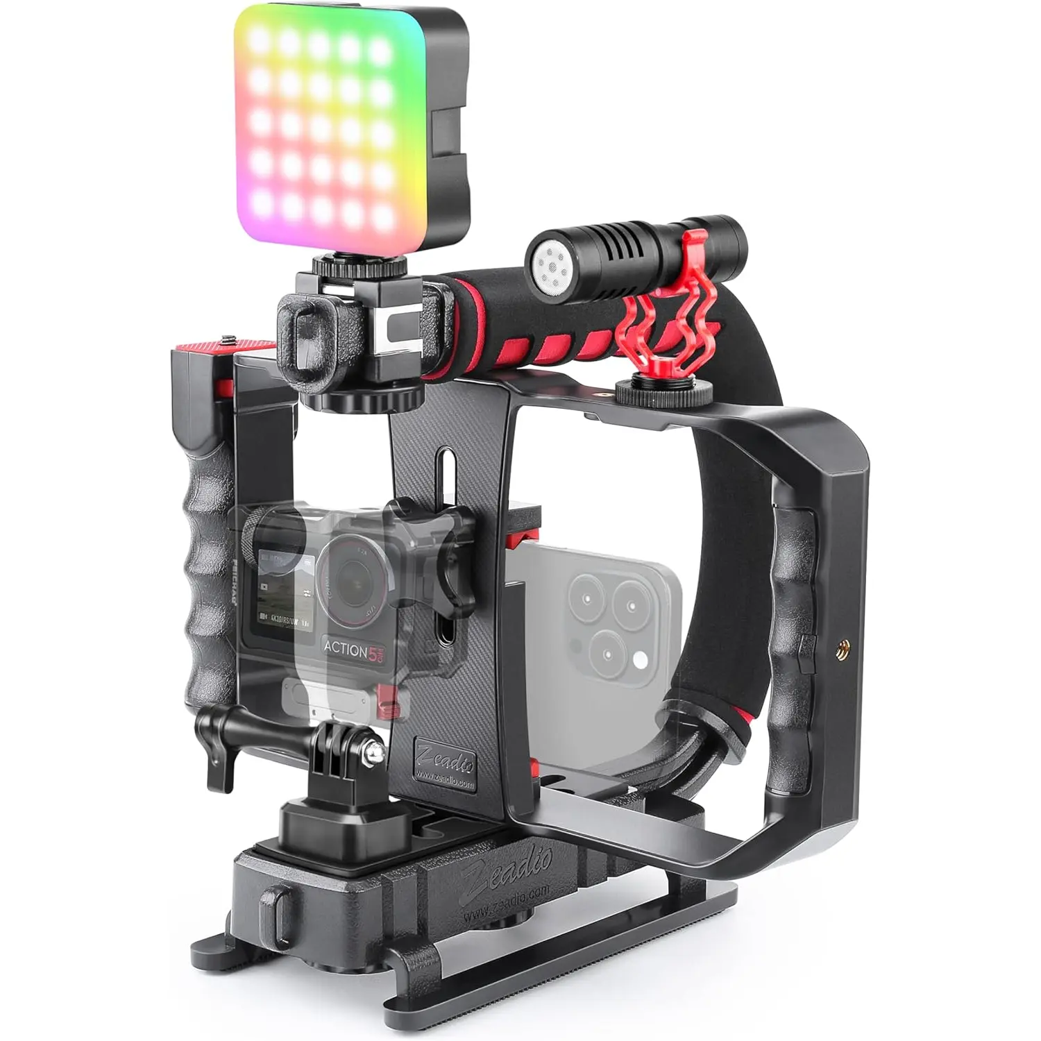 Smartphone Camera Stabilizer, All-In-One Video Rig Kit with Phone Cage, RGB Video Light, Microphone, Action Camera Adapter, Compatible with Smartphones, Action Camera, DSLR, Cameras Etc Zeadio
