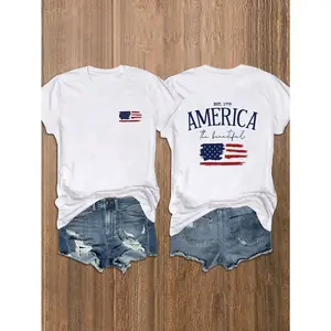 Women Summer Short Sleeve Casual T-Shirt With Letter And American Flag Print Graphic Tees Women