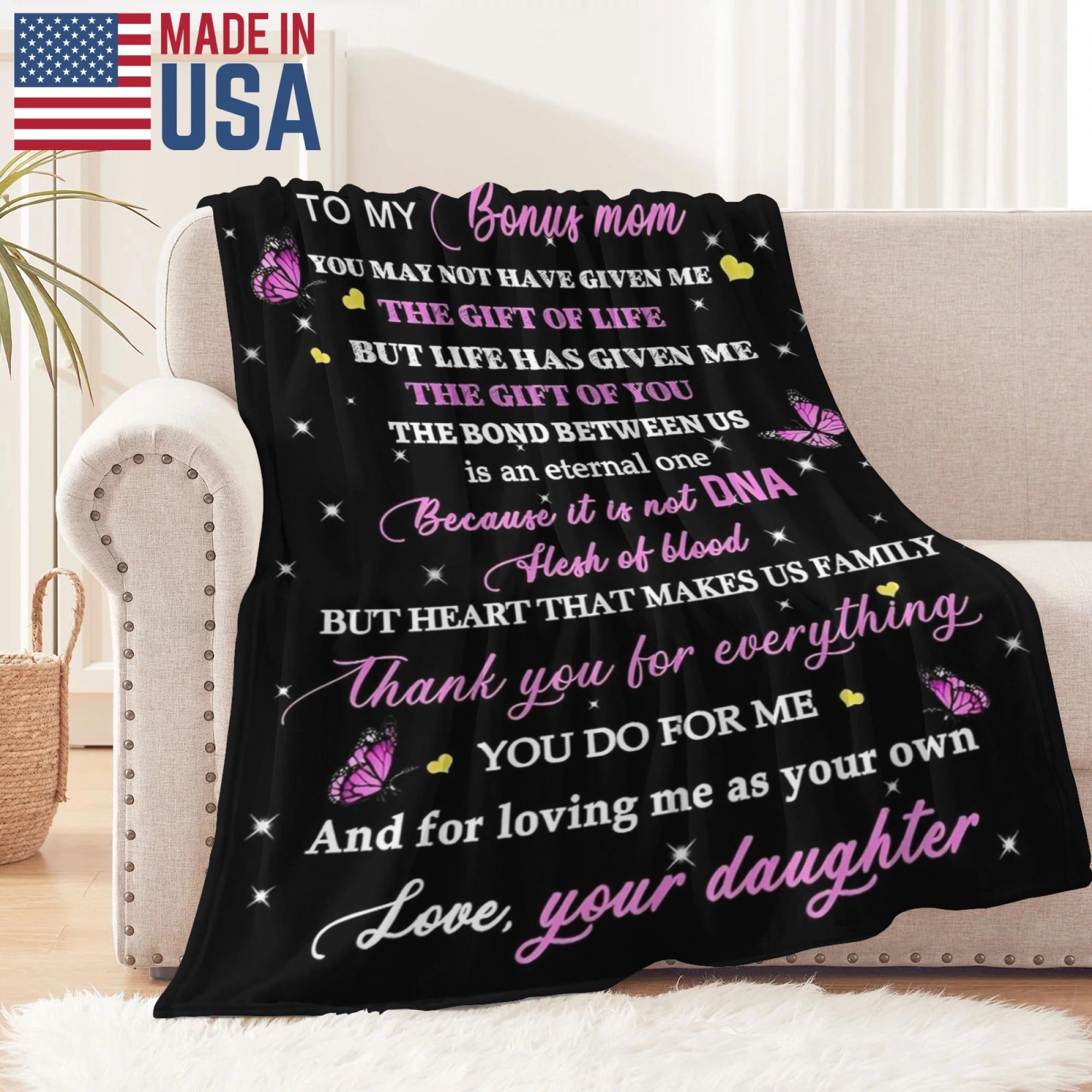 To My Bonus Mom Blanket from Daughter, Heartfelt Stepmom Gift, Inspirational Love Message Throw, Butterfly Design, Cozy Gift for Birthday, Christmas, Mother’s Day