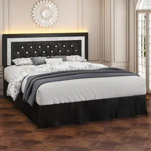 Queen Bed Frame with LED Lights & Adjustable Headboard - Diamond Tufted Upholstered Frame with Wooden Slats - Modern Luxury Design - Black/White/Grey