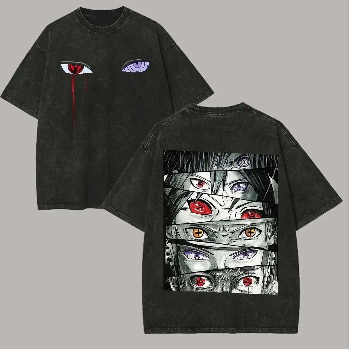 Sharingan T Shirt Rinnegan Eyes Vintage Acid Wash Streetwear Retro Anime Graphic Men Tees Cotton Clothing