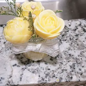 Yellow Roses in Glass Vase with Silver Ribbon Decorative Floral Arrangement for Home Decor