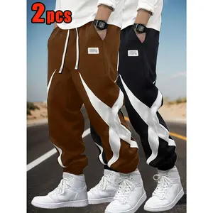 2-Pack Men's Brown Geometric Pattern Jogger Pants with Elastic Waistband, Slim Fit Stylish Design, Soft and Comfortable for Casual Daily Wear, Leisure Activities and Everyday Outings