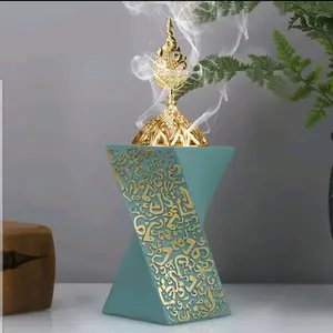 Retro Aroma Diffuser Incense Burner - Gold-Engraved Blue Holder with Decorative Design Scented Freshener Fragrance Perfume